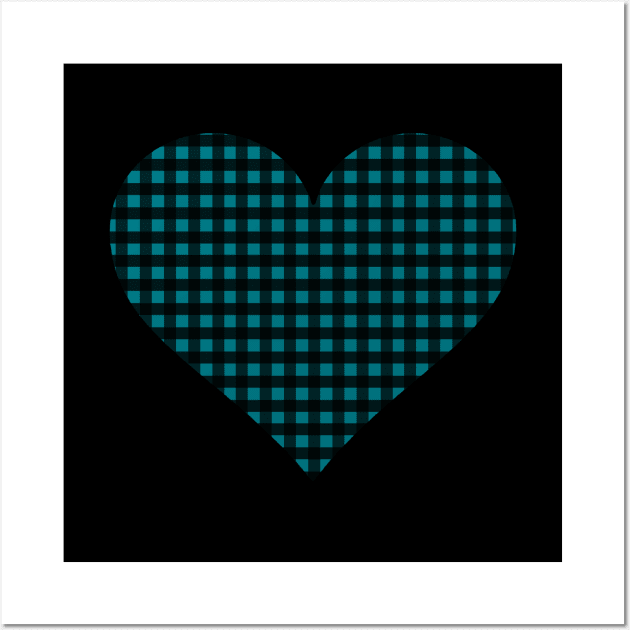 Peacock Blue and Black Gingham Heart Wall Art by bumblefuzzies